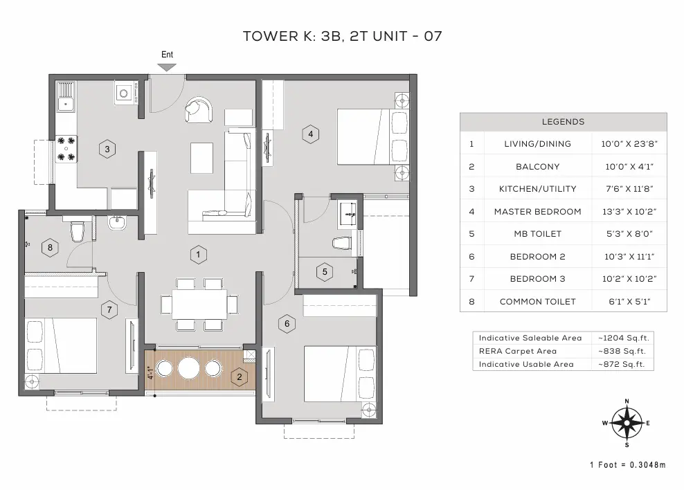 Purva Windermere 3 BHK Floor Plan